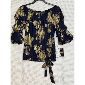 MSK Navy Blue Gold Floral Tie Front Off Shoulder Ruffle Sleeve Blouse Top‎ M